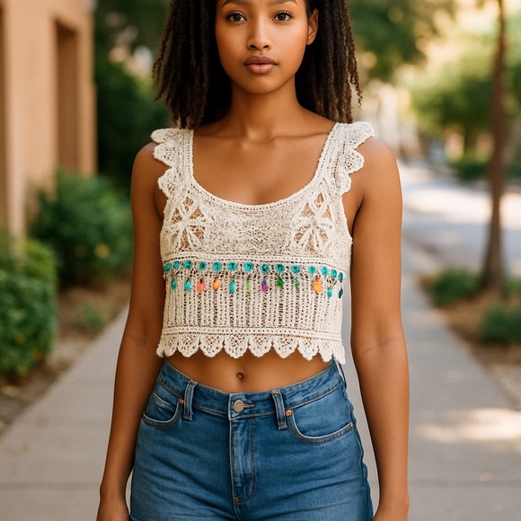 Rebellion Tops - Crochet Ivory Beaded Boho Cropped Knit Tank Top